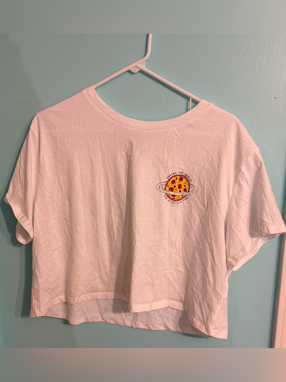 Divided White Cropped Tee with Pizza Planet Graphic